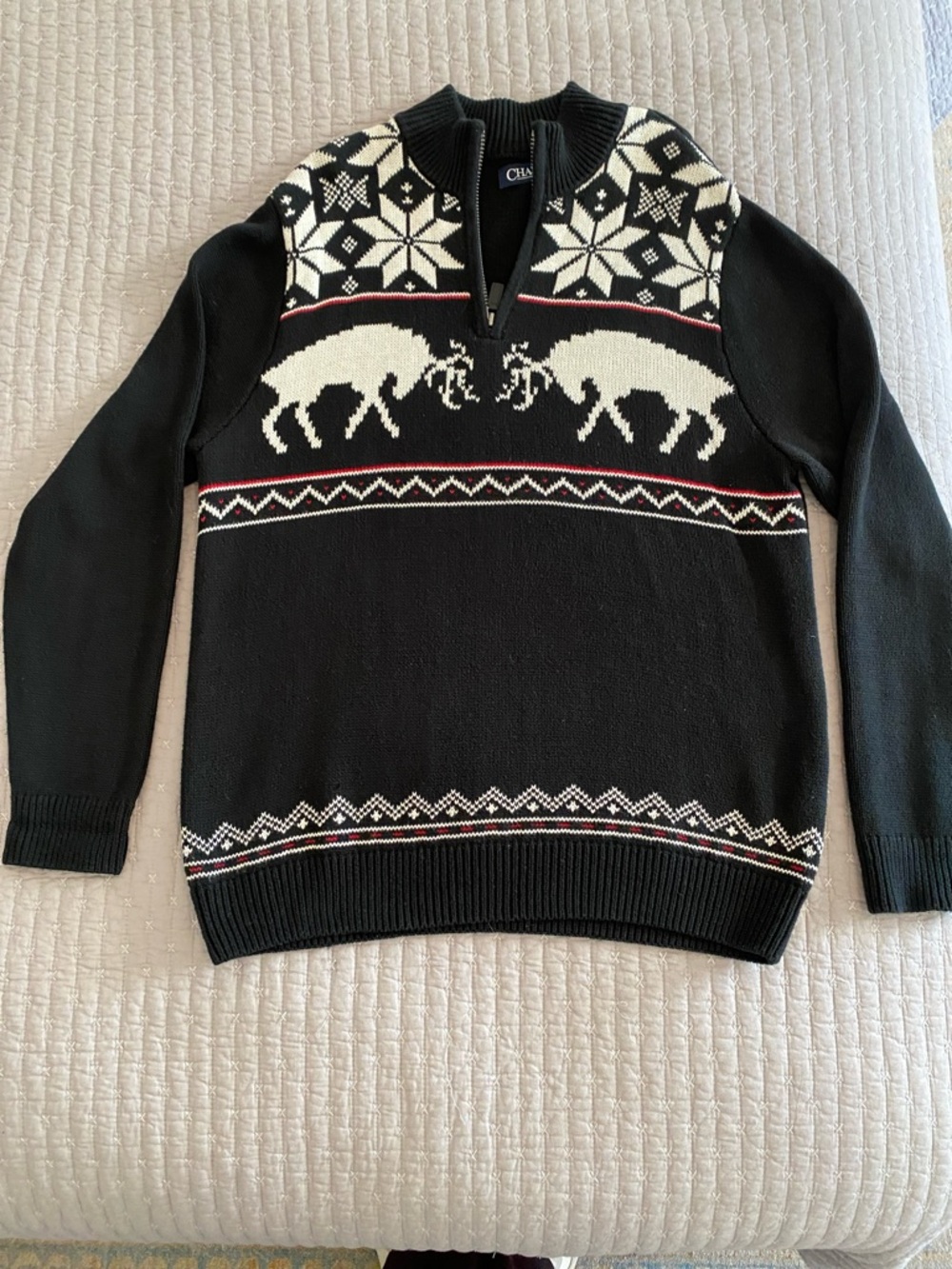 Chaps Black and Cream Fair Isle Half-Zip Reindeer Sweater